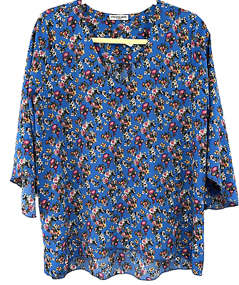 #ad Cha Cha Vente Women’s Sz M Top Blouse Lightweight Poly Blue Ditsy Floral NWT