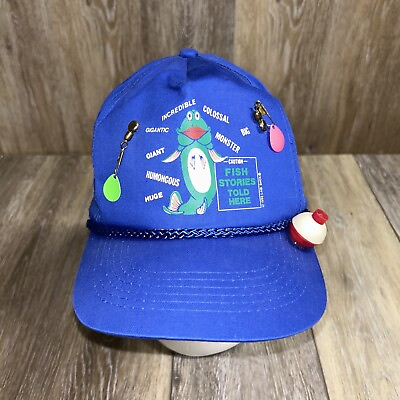 #ad Vintage Blue Fish Stories Told Here Trucker Fishing Hat Cap W Lures amp; Hooks