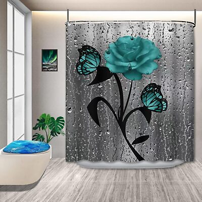 #ad Teal Gray Rose Shower Curtain with 12 Hooks Turquoise Shower Curtain Blue Ros...