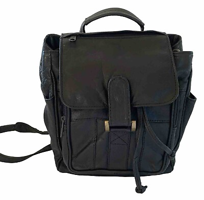 #ad Wilsons Leather Experts Black Leather Backpack Snap Drawstring Closure Handbag