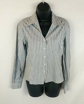 #ad Audrey Talbots Collared V Neck Blouse Women Size S Striped Long Sleeve Career
