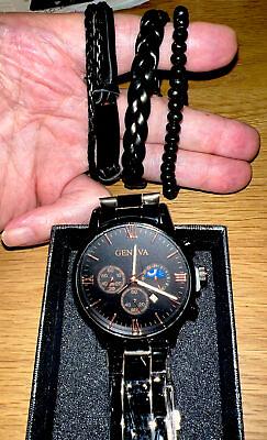 #ad Men#x27;s Quartz Watch W 3Pc Bracelet Set Black Faux Leather Original Gift Box New