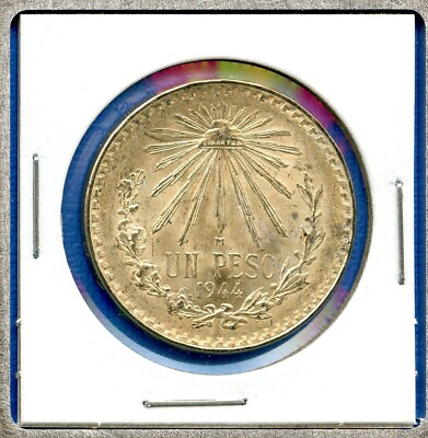 #ad 1944 Mexico 1 Un Peso Cap amp; Ray Silver Coin #71 Brilliant Uncirculated Gem BU