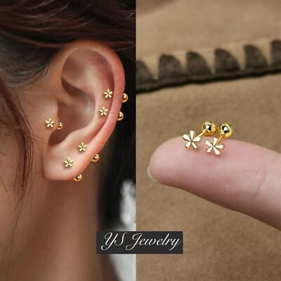#ad Womens Tiny Gold Flower Screw Back Stud Earrings Dainty Jewelry Surgical Steel