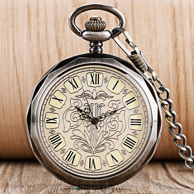 #ad Steampunk Retro Vintage Open Face Mechanical Pocket Watch Roman Numerals Dial