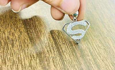 #ad 925 Real Solid Sterling Silver quot;Squot; Superman Symbol CZ Charm Necklace Pendant