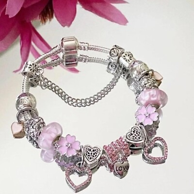 #ad SILVER SNAKE CHAIN BRACELET WITH PINK LOVE HEART BUTTERFLY CHARMS