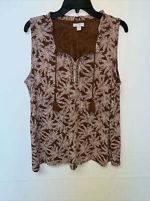 #ad J. Jill Sleeveless Tasseled Embroidered Palm Floral Brown Tan Top Size L