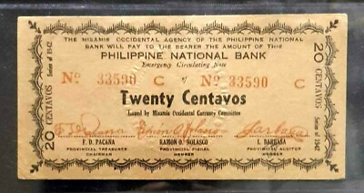 #ad 1942 Philippines 20 Cents Banknote VF FREE1 Bank note #D7719