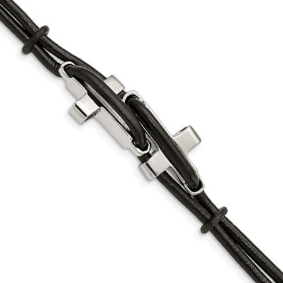 #ad Chisel Stainless Steel Polished Sideways Crosses 2 Strand Black Leather 8.25 inc