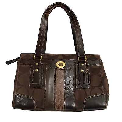 #ad Coach Hampton Signature Tote Handbag Size Med Brown Double Handle Multi Pockets