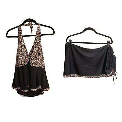 #ad SHEIN Brown Leopard Print Halter Neck Tankini with Coverup Swim Skirt Set 4XL