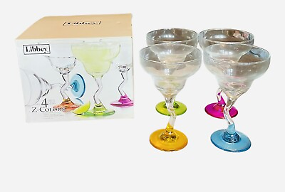 #ad Set of 4 Libbey Margarita Glasses Crooked Stem Hand Blown Z multi color stems