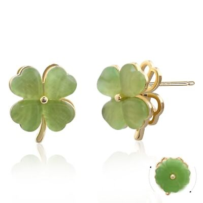 #ad Four Leaf Clover Earrings Stud Jade Earrings 14K Gold Earrings Green Stud