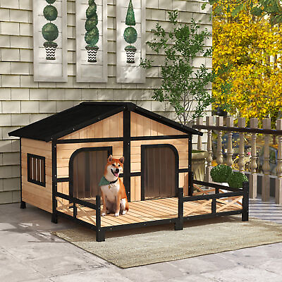 #ad Wooden Elevated Backyard All Weather Rustic Log Cabin Pet Dog House Kit
