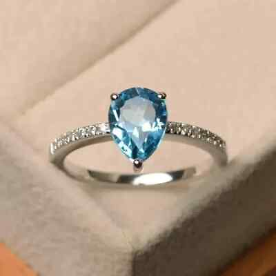 #ad 2Ct Pear Lab Created Blue Topaz Solitaire Engagement Ring 14K White Gold Plated