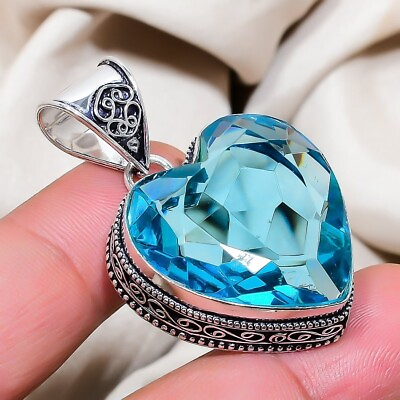 #ad Swiss Blue Topaz 925 Sterling Silver Handmade Ethnic Jewelry Pendant 4.3quot;