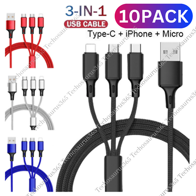 #ad 10X Lot 3A Fast USB Charging Cable 3in 1 Charger Cord For iPhone USB C Micro USB