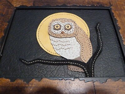 #ad Vintage Owl Leather amp; Suede Leather Art by Dawn Mountain w frame