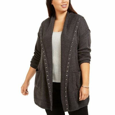 #ad Style amp; Co Womens Gray Hooded Opened Long Sleeve Studd Cardigan Sweater Plus 1X