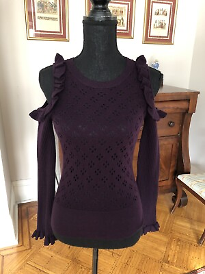#ad Jill Stuart Purple Cut out shoulders Ruffle Perforated Wool Top Sweater M L $49.00