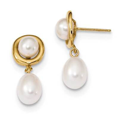 #ad 14k Gold 5 7mm White Round Rice Freshwater Cultured Pearl Dangle Post Earrings $475.62