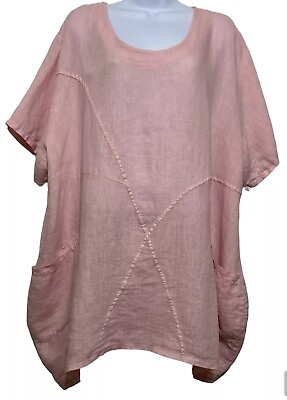 #ad Transparente Blouse Women Size 3 3X Pink 100% Linen Top Lagenlook Pockets