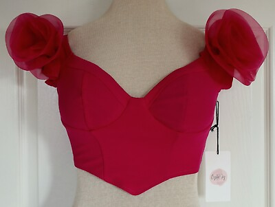 #ad NWT Crystal Sky Raspberry Cropped Padded Bustier Top W Rosette Cap Sleeves Sz XS