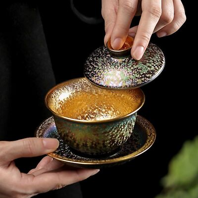 #ad Gold Cover Bowl Master Pure Handmade Colorful Kiln Change Gilt Household Cup
