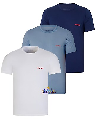 #ad HUGO Mens Crew Neck Cotton T Shirt 3 Pack Navy White Blue M XL