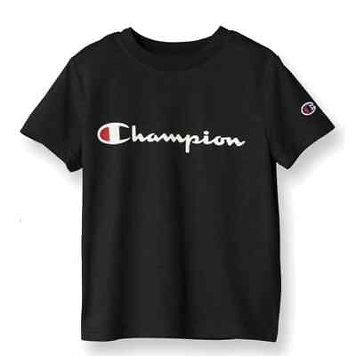 #ad Champion Boy#x27;s Black Embroidered Script Logo T Shirt Size 6