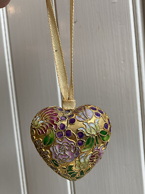#ad Vintage Cloisonne Heart Flowers Christmas Tree Ornament Enamel 2.5”