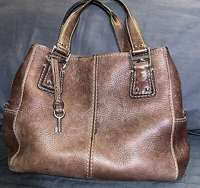 #ad Fossil Brown Leather Handbag Purse Pebbled Brown 3 Compartments 2 Side Pockets