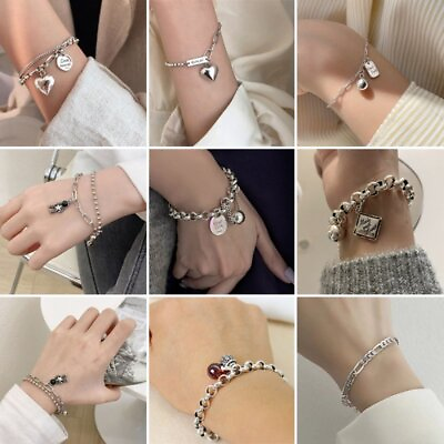 #ad 925 Silver Plated Heart Chain Bracelet Bangle Elegant Womens Wedding Jewellery