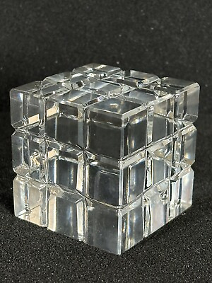 #ad Vintage 80s Retro Crystal Clear Glass Modernist Rubiks Cube Paperweight
