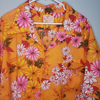 #ad Vintage Island Fashions Hawaiian Shirt Sears Mens XL Short Sleeve Floral Orange