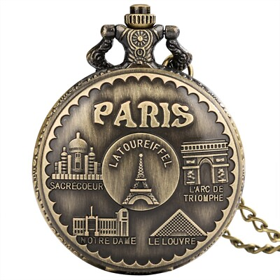 #ad Bronze Paris Eiffel Tower Design Quartz Pocket Watch Souvenir Gift for Men Women
