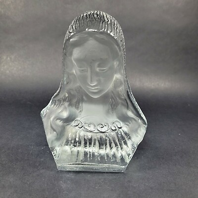 #ad Vintage Viking Art Glass Madonna Bust Frosted Clear Mary with org sticker
