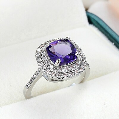 #ad Purple Zirconia Princess AAA Cz Band Women#x27;s 925 Silver Wedding Ring Anniversary