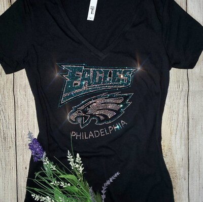 #ad Philadelphia Eagles New Rhinestone Womens VNeck Tshirt Sizes SM 4X Womens sizing