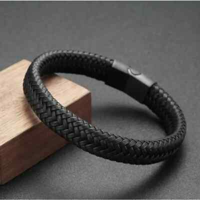 #ad Men#x27;s Braided Leather Bracelet Black on Black Design 8.5quot; Length