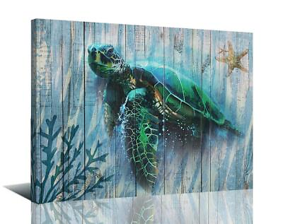 #ad Bathroom Decor Blue Wall Art Canvas Green Sea Turtle Teal Submarine Picture ...