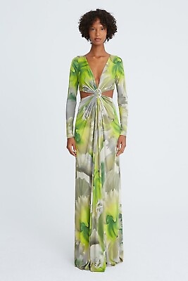 #ad Halston Jen Jersey deep V Neck Draped Gown Green Cut out maxi dress Size 0