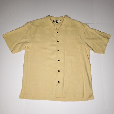 #ad Tommy Bahama 100% Silk Button Up Shirt Yellow Large Embossed Textured Loop