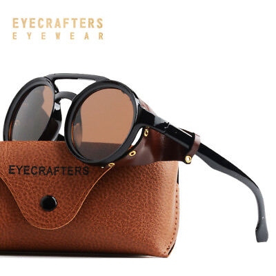 #ad Women Sunglasses Retro Vintage Steampunk Side Shields Leather Round Retro Shades