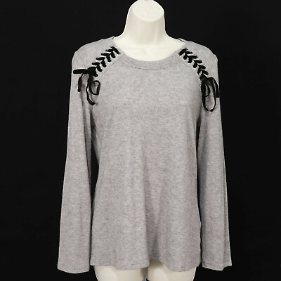 #ad INC International Concepts Womens Laced Shoulder Shirt M Medium Gray Black Soft