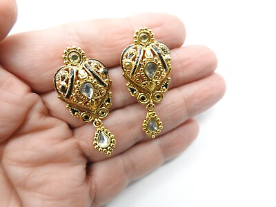 #ad Black Enamel Clear Yellow Rhinestone Ornate Gold Tone Pierced Earrings Vintage