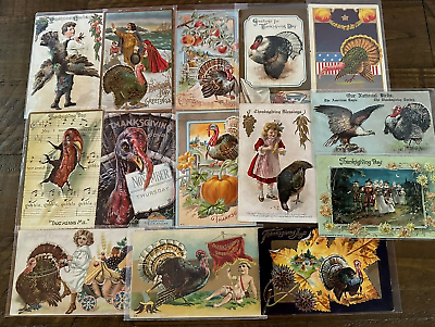#ad Lot of 15 Antique Thanksgiving Postcards Turkeys Pilgrims Patriotic Kids h740
