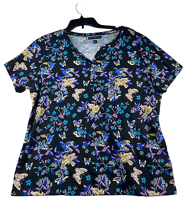 #ad Karen Scott Blouse Womens Plus size 1X Black Floral Bird Print Short Sleeve New