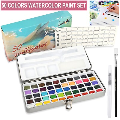 #ad Professional 50 Colors Watercolor Paint Draw Painting Water Brush Pigments Set